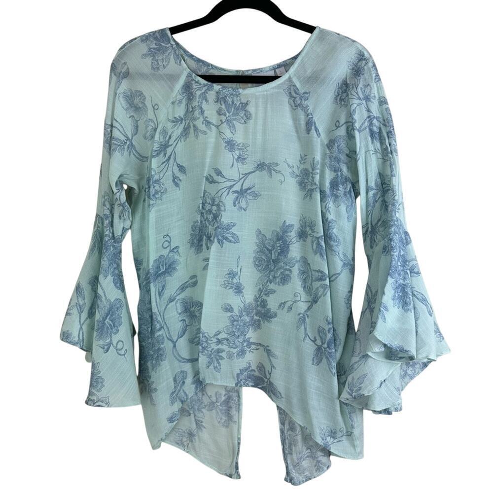 Sage Blue Floral Sheer Gauze Fairy Coquette Whimsical Top OpenBack Bell Sleeve L